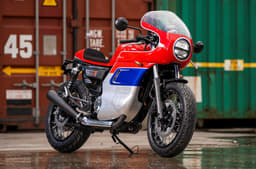 Honda CB350RS with a red/blue and silver theme and a full-fairing